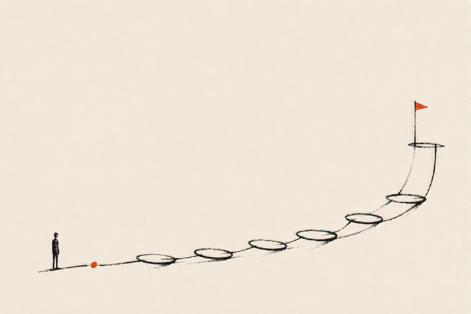 A figure at the start of a rising path of rings leading up to a flag — the journey up Tobi’s levels